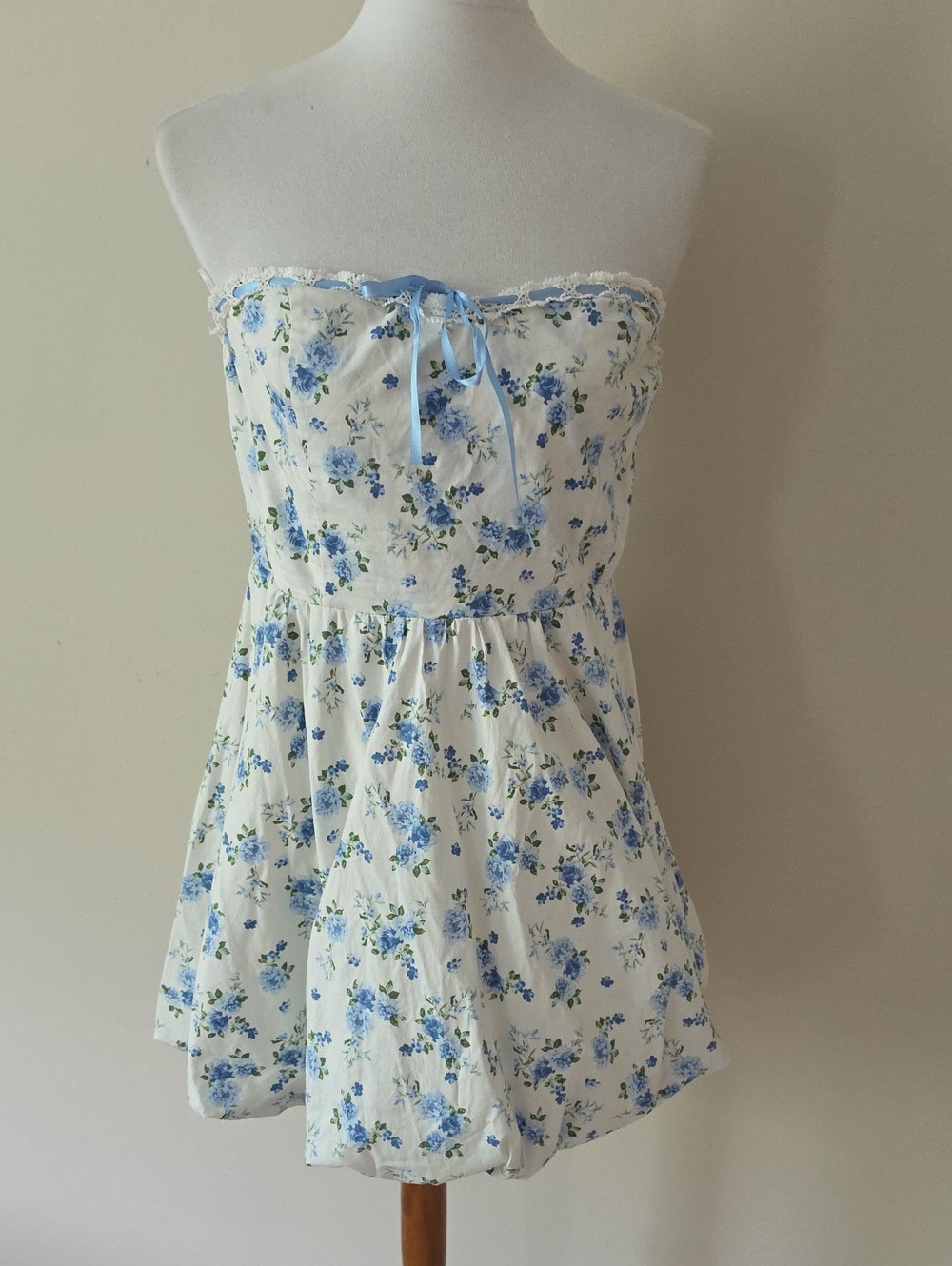Altar'd State Strapless Floral Summer Dress in White and Blue